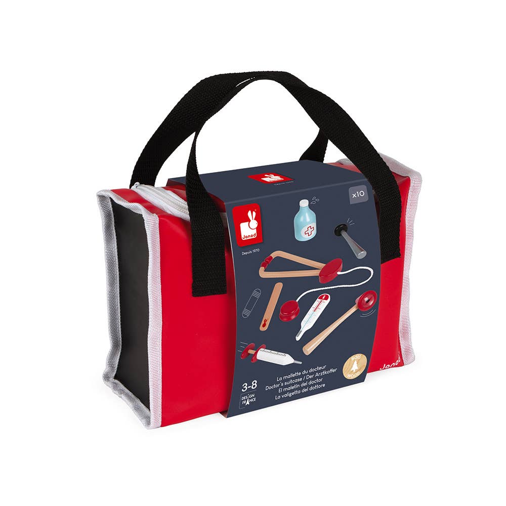 image of front of Janod play pretend doctors set showcasing 10 wooden toys made for kids ages 3 to 8