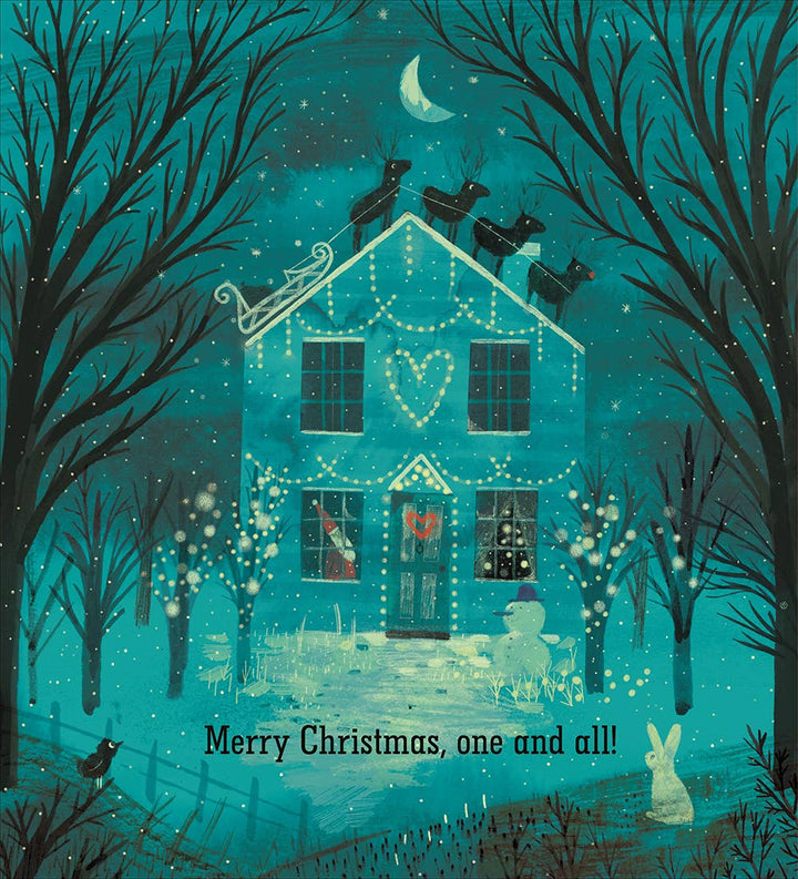 Pick A Pine Tree from Penguin Random House, moonlit teal house on a snowy night, cozy Christmas Eve bedtime story