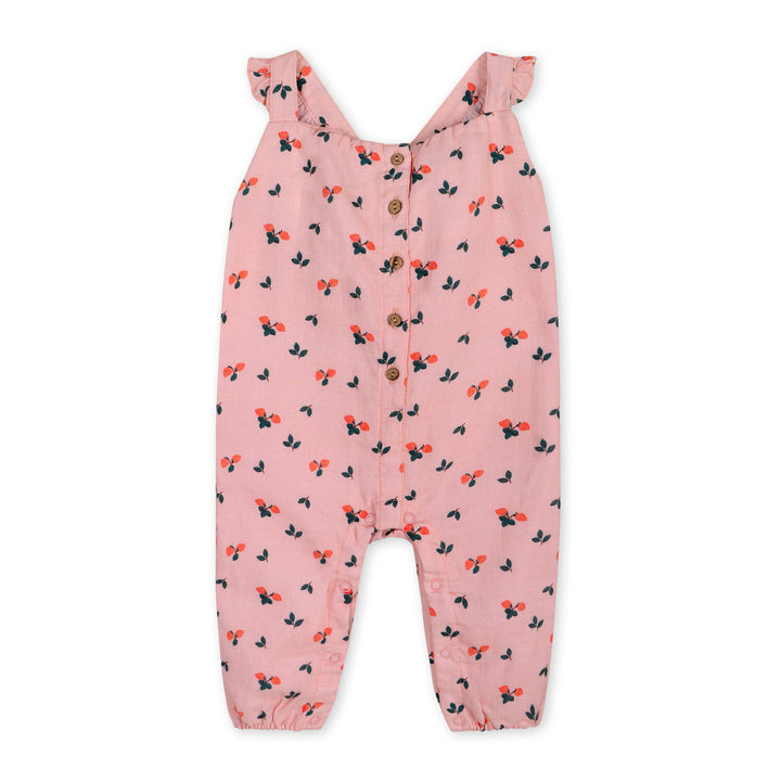 Soft organic cotton baby clothes by Viverano Organics, Strawberry Ruffled Baby Jumpsuit with playful ruffle details