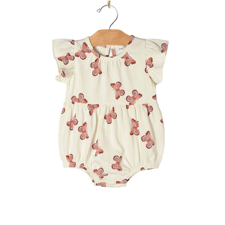 City Mouse Studio Flutter Sleeve Romper Butterflies print - baby girl spring one-piece with snap closure