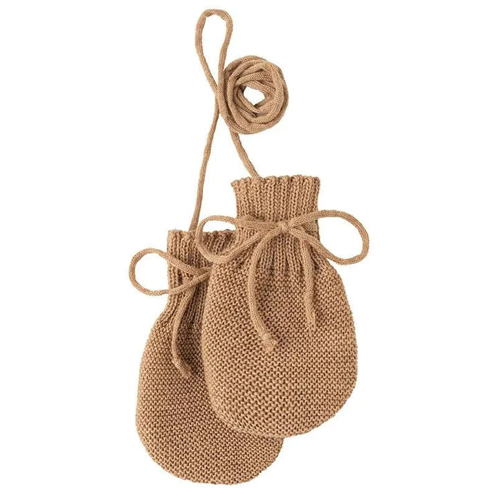 Disana Organic Merino Wool Baby Mittens, Caramel colorway, tan thumbless mittens that stay on, cozy baby winter gloves
