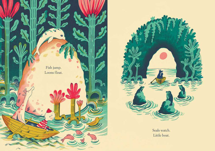 Simon & Schuster Yellow Kayak hardcover spread showing a polar bear beside a green mountain wave