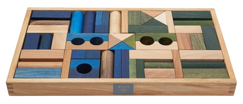 Colorful Wooden Story Wood Blocks in a Tray in Cold tones, eco-friendly wood toy collection crafted as kids toys