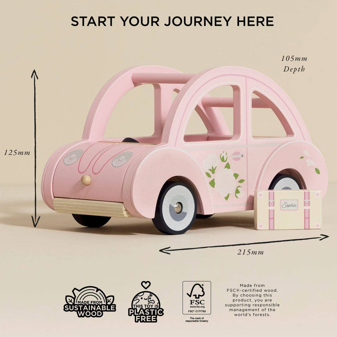 Size guide with height, depth and length for Le Toy Van Sophie's Dolls House Toy Car, sustainable wood, plastic free toy