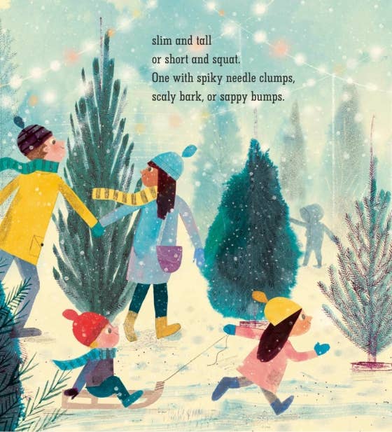 Family choosing a Christmas tree under string lights in Pick A Pine Tree by Penguin Random House, festive family storybook