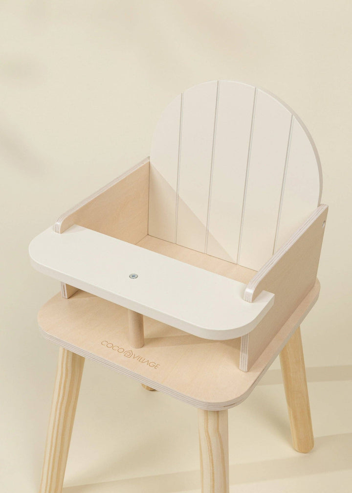 Close up front angle of Wooden Dolls' High Chair from Coco Village with tray for doll feeding play