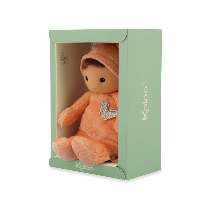 Recycled material tag on Janod Tender Baby Zinnia Doll plush toy