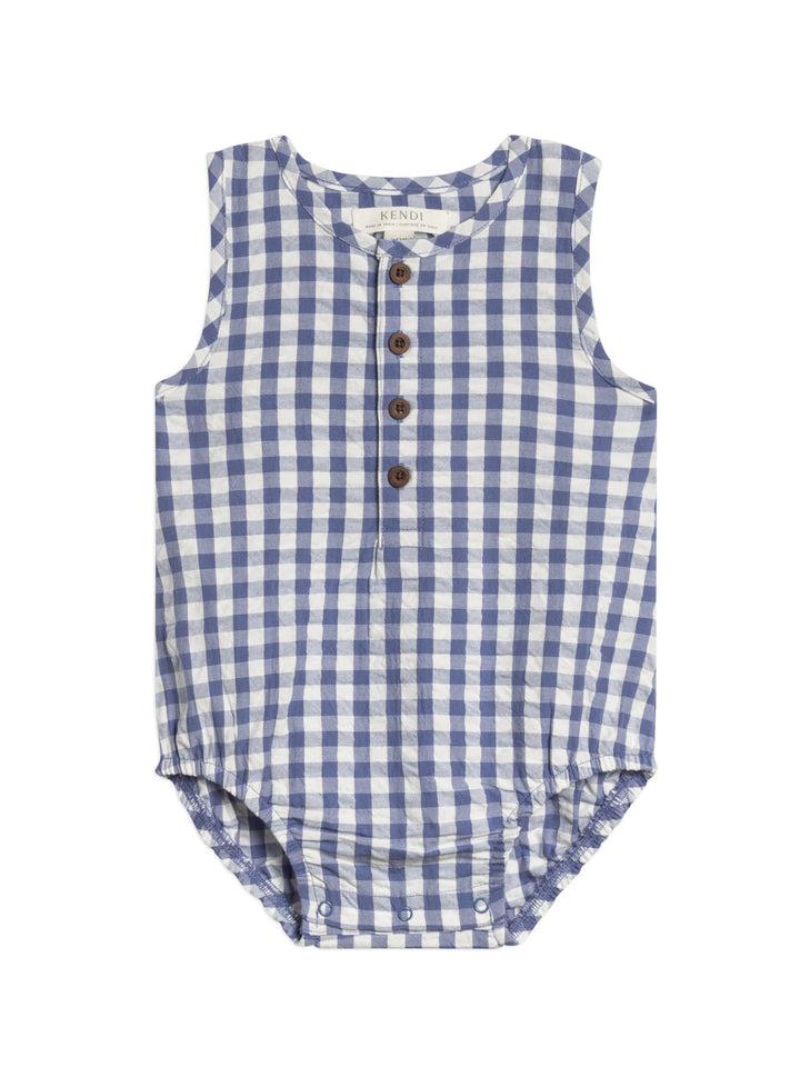 Colored Organics Wren Seersucker Bubble Romper ‚Äì A sustainable blue gingham baby outfit made from 100% organic cotton for comfort and style.
