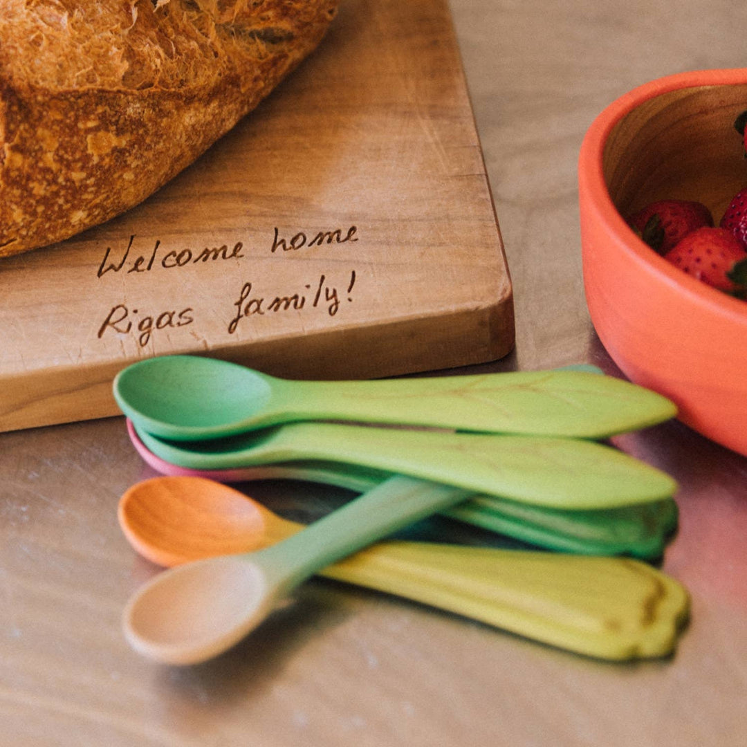 Oil & Carol vegetable baby spoons with play food, colorful toddler feeding utensils for pretend play, first foods, and baby led weaning