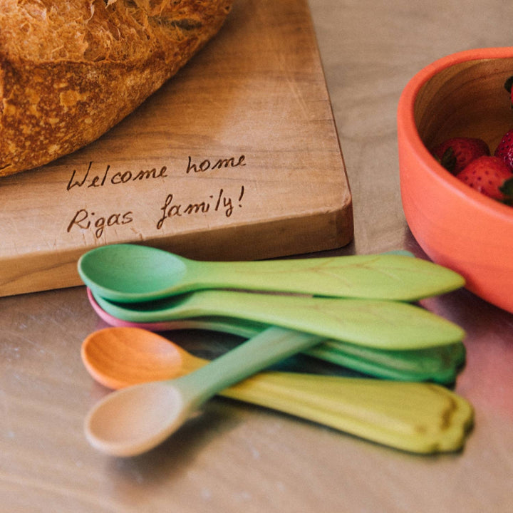 Oil & Carol vegetable baby spoons with play food, colorful toddler feeding utensils for pretend play, first foods, and baby led weaning