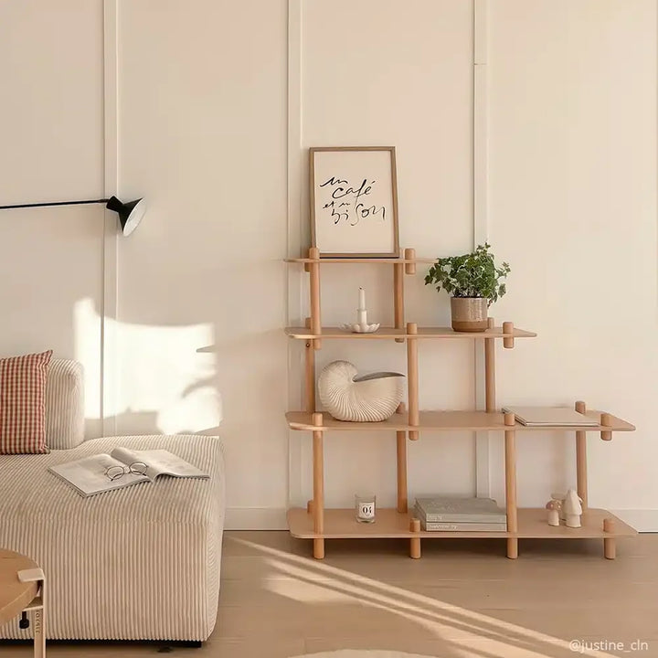 Modern family home display shows the Charlie Crane FILO Bookshelf in natural with an organic aesthetic