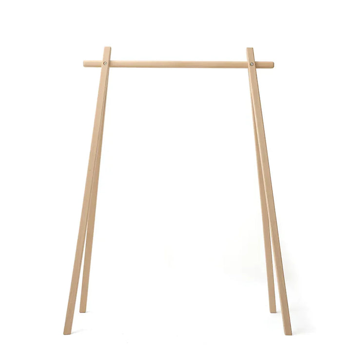 Front profile highlights the Charlie Crane HOMI Rack in natural crafted as a wooden rack for everyday nursery use