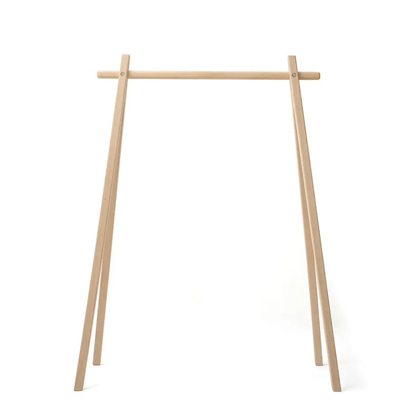 Front profile highlights the Charlie Crane HOMI Rack in natural crafted as a wooden rack for everyday nursery use