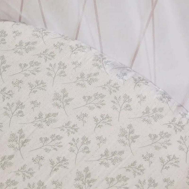 Milk nursery vignette features the Baby Bed KIMI Evolving Charlie Crane with sophisticated fitted sheet for infants