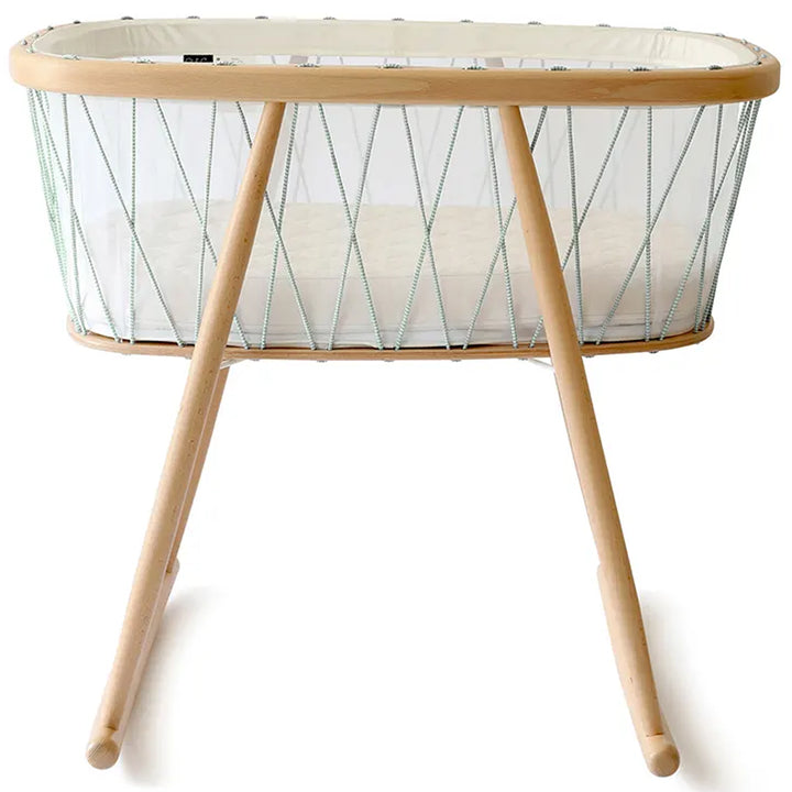 Curved silhouette detail highlights the KUMI Cradle Charlie Crane in lichen with rounded wood edges