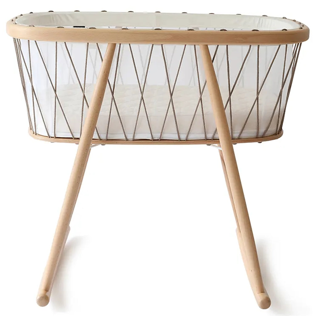 Modern craftsmanship view highlights the Charlie Crane Cradle KUMI in hazelnut using organic wood