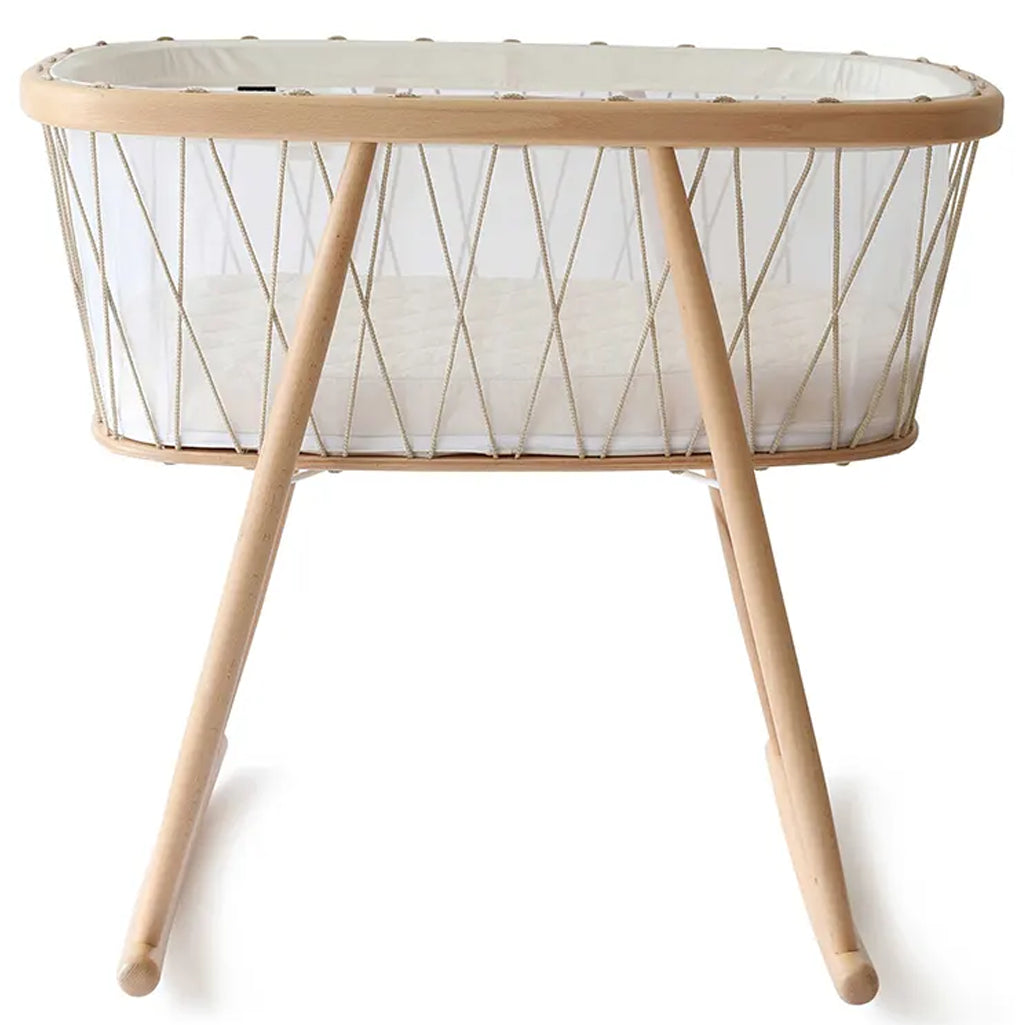 Gentle cradle profile shows the Cradle KUMI by Charlie Crane in lichen designed for infant comfort