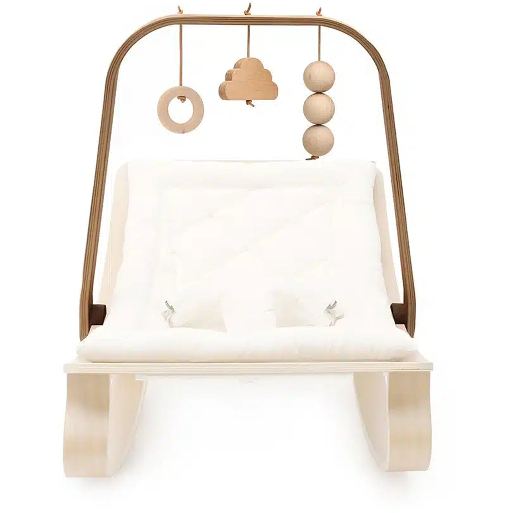 levo walnut rocker with awakening charlie crane arched baby mobile with wooden toys 