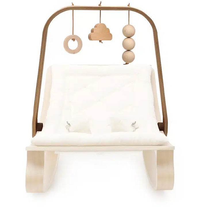 levo walnut rocker with awakening charlie crane arched baby mobile with wooden toys 