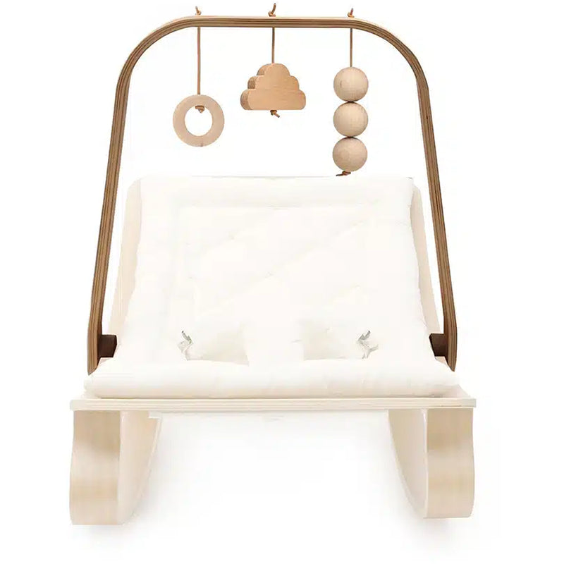 levo walnut rocker with awakening charlie crane arched baby mobile with wooden toys 