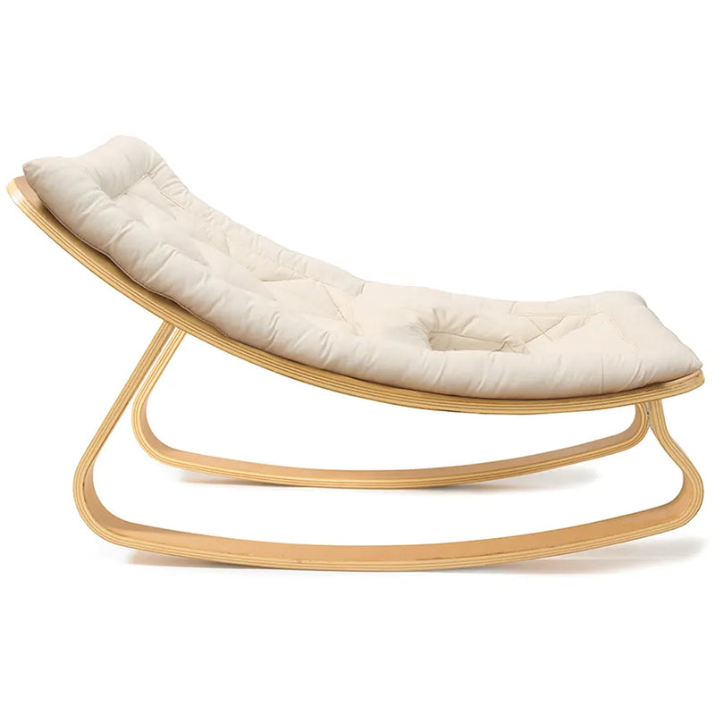 Front profile of the Levo Rocker Beech Wood from Charlie Crane in camel, highlighting its midcentury modern wooden frame