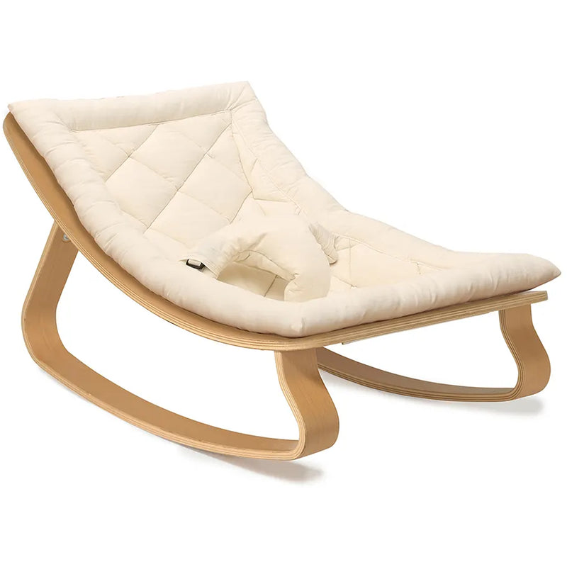 Detail shot of the Charlie Crane Levo Rocker Beech Wood in milk fur, crafted as an eco friendly baby rocker