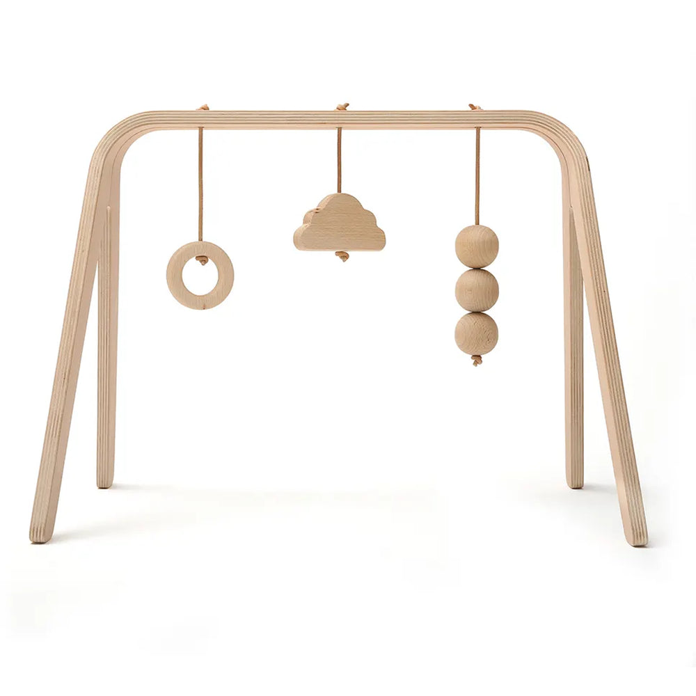 Front facing setup features the Charlie Crane NAHO Arch & Toys in natural crafted from wooden materials for gentle play