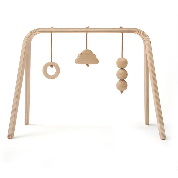 Front facing setup features the Charlie Crane NAHO Arch & Toys in natural crafted from wooden materials for gentle play