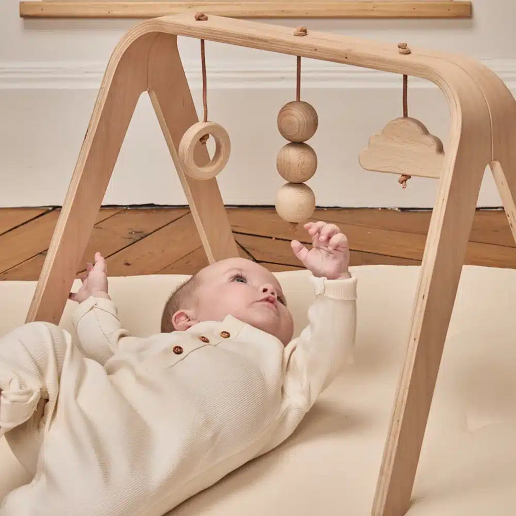 Soft light emphasizes the Charlie Crane NAHO Arch & Toys in natural designed as an organic and baby safe playgym