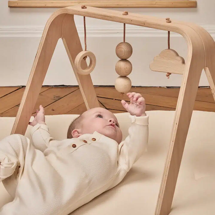 Soft light emphasizes the Charlie Crane NAHO Arch & Toys in natural designed as an organic and baby safe playgym