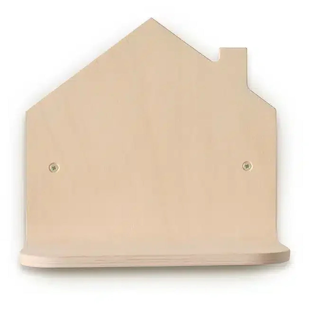 Soft lighting emphasizes the Charlie Crane Wooden POPI Shelf in mountain with a minimalist nursery decor look