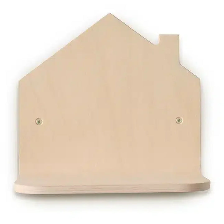 Soft lighting emphasizes the Charlie Crane Wooden POPI Shelf in mountain with a minimalist nursery decor look