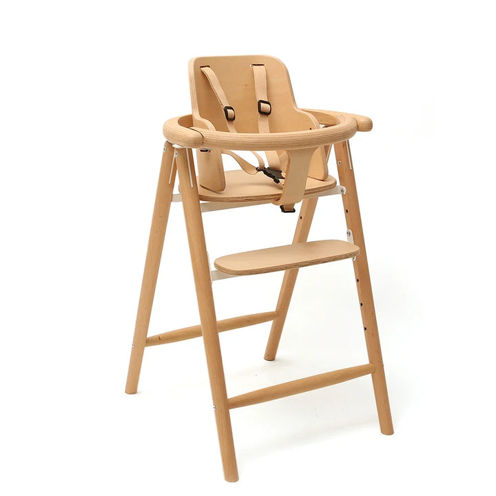 Charlie Crane TOBO High Chair and Baby Set Kit in Natural beechwood, three-quarter view with 5-point harness