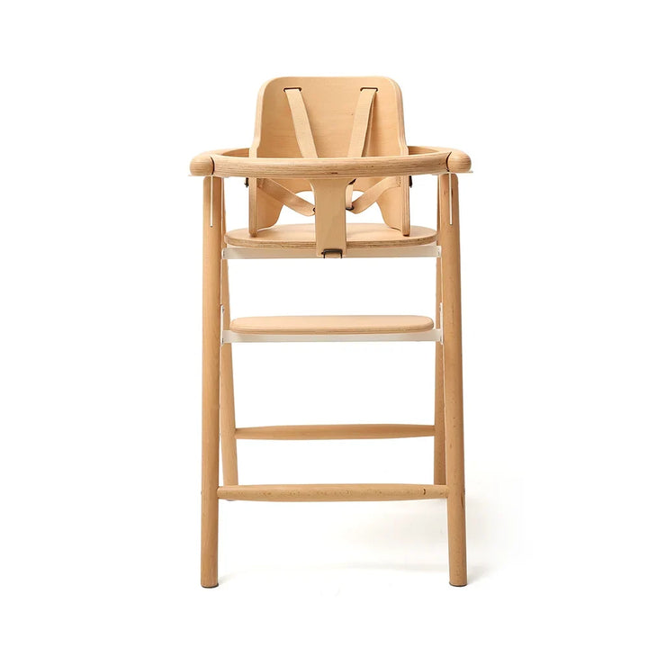 Front view: Charlie Crane TOBO Natural high chair with Baby Set backrest and wooden waist bar