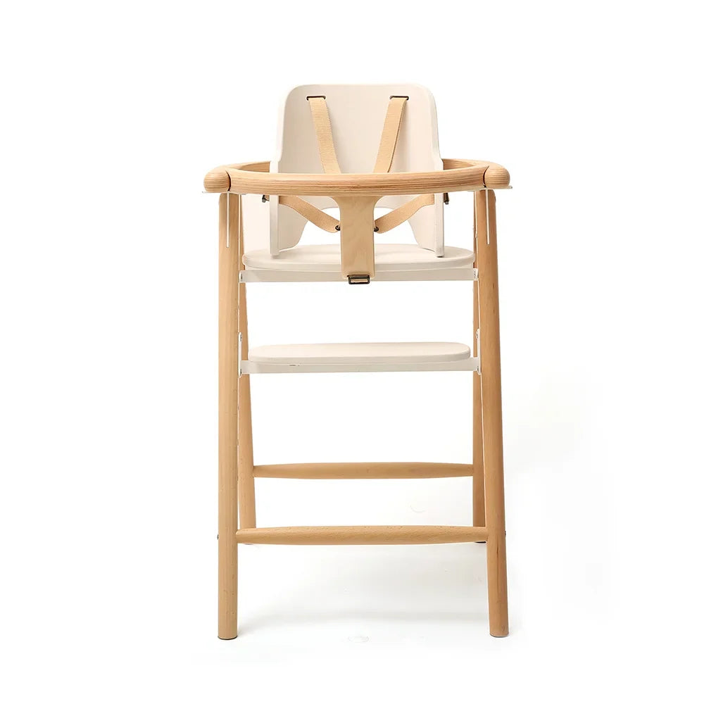 Front view: White Charlie Crane TOBO High Chair and Baby Set Kit with beechwood frame and footrest