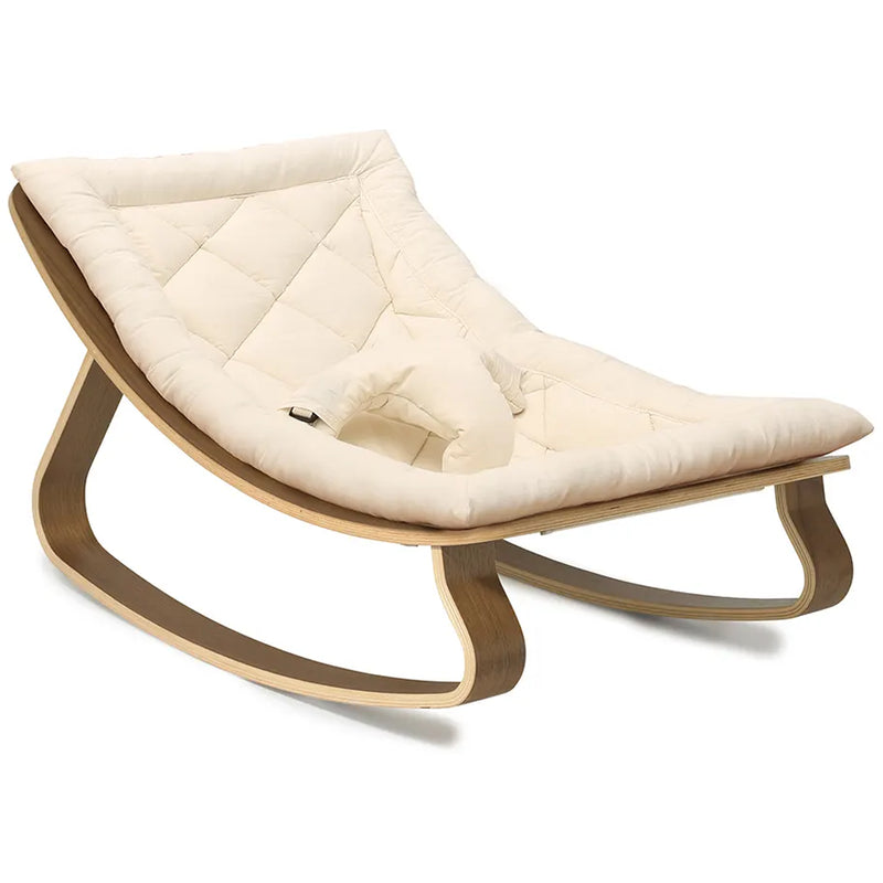 Balanced proportions of the Levo Rocker in walnut wood by Charlie Crane in camel support newborn safe use