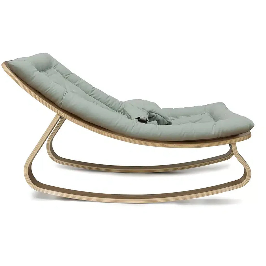 Front facing profile of the Levo Rocker in walnut wood by Charlie Crane in camel highlights an adjustable seat