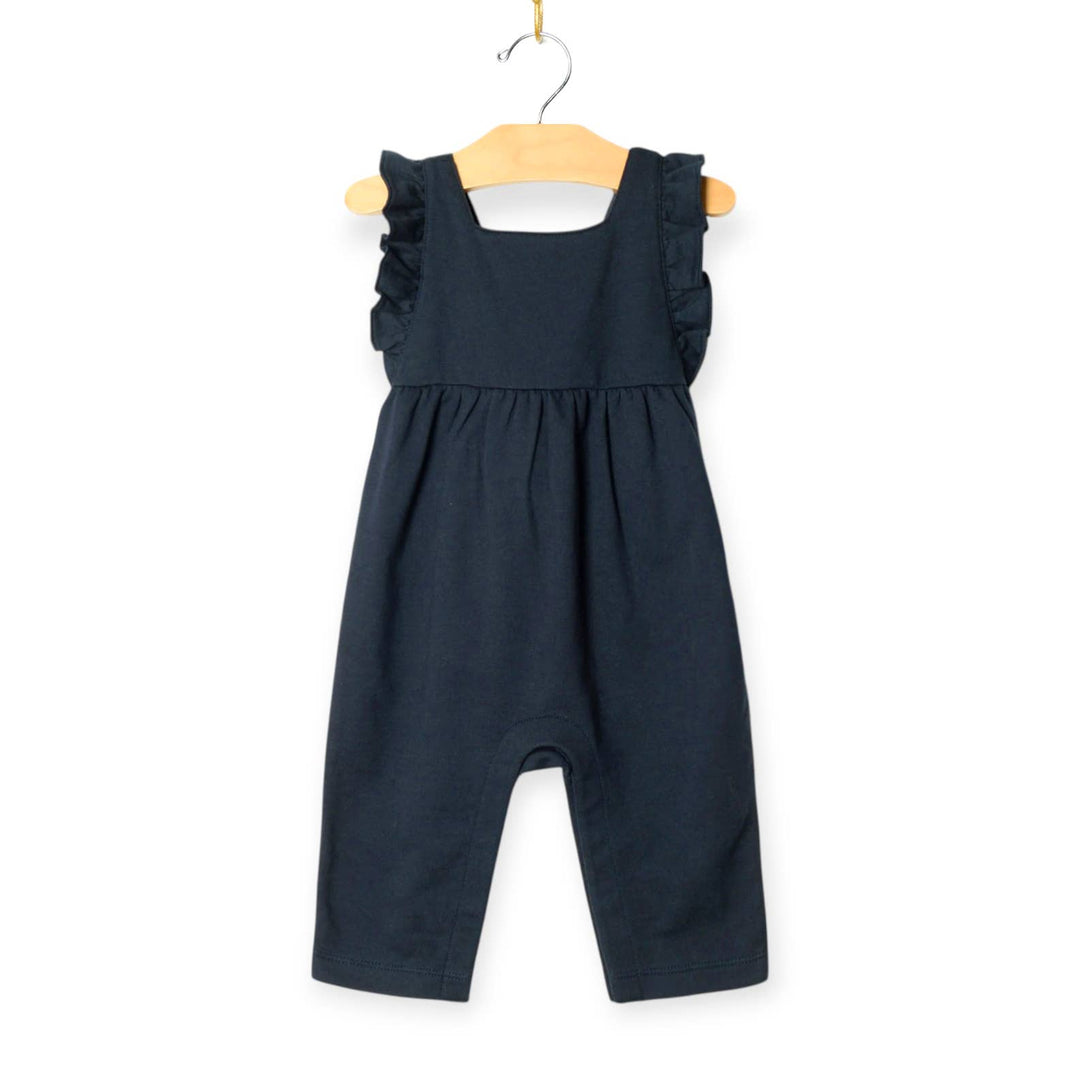 City Mouse Studio Flutter Overall in Midnight Blue, 100% cotton baby girl romper for fall layering