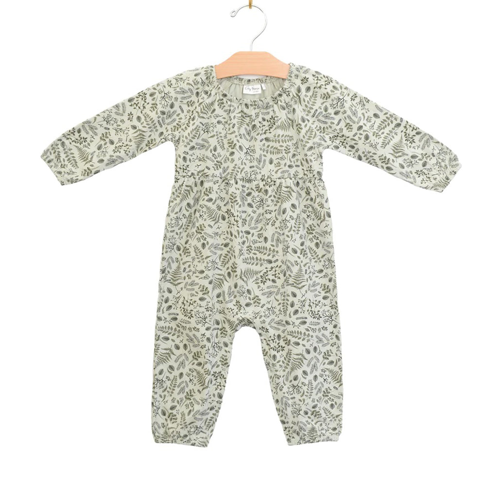 City Mouse Raglan Long Leg Romper | Sprigs Loden full garment flat lay showing complete clothing design and color detail