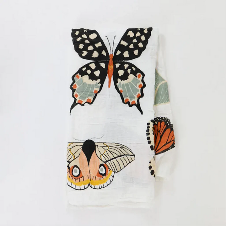 Clementine Kids Butterfly Collector Swaddle crafted in muslin blanket fabric.