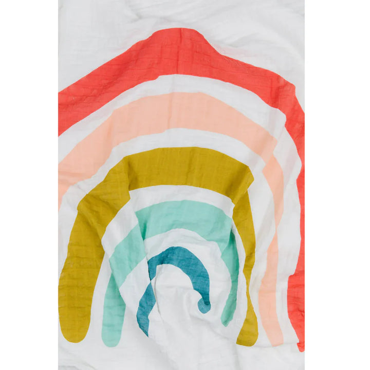 Clementine Kids Rainbow Swaddle highlighted in breathable muslin swaddles.