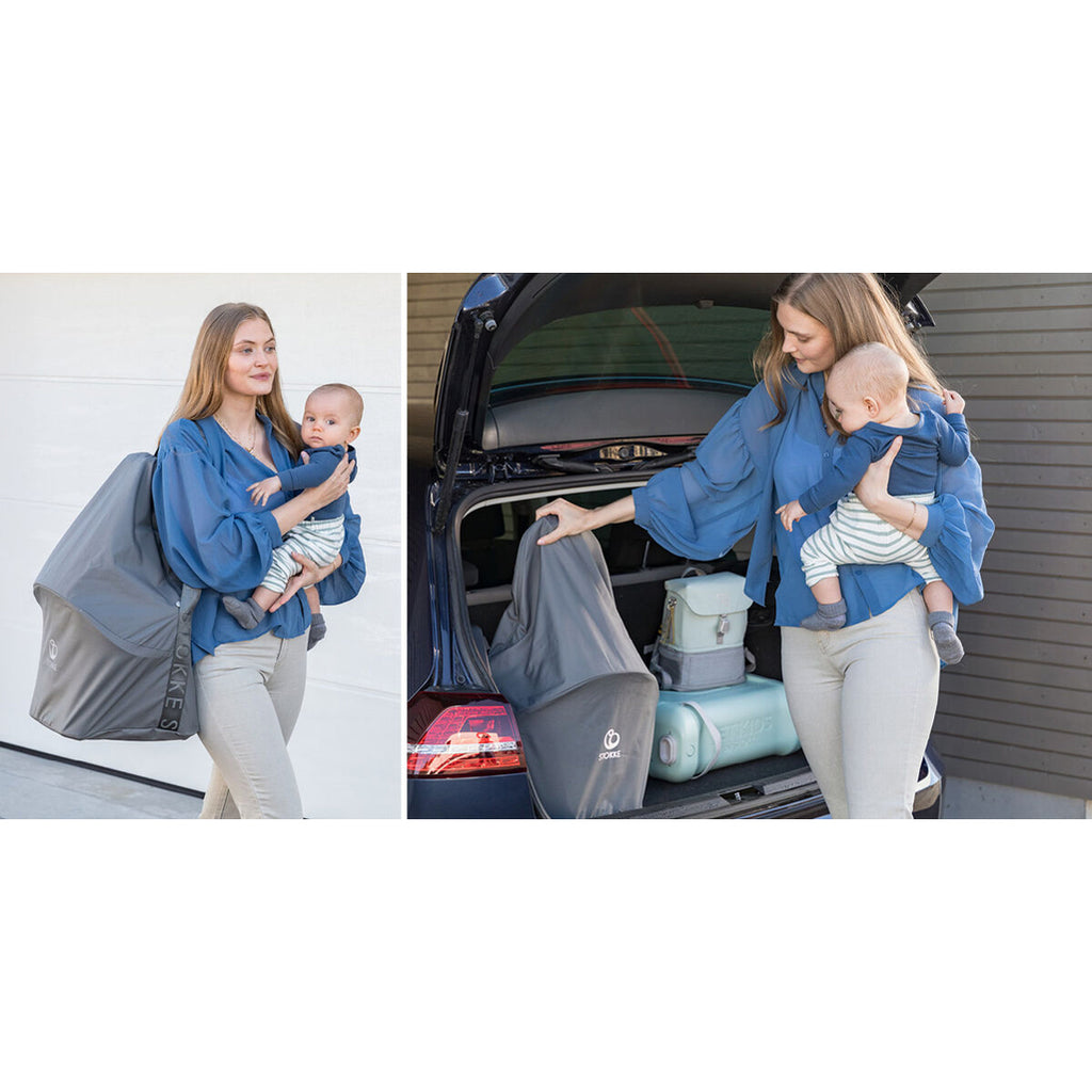 Mom carrying baby and Stokke clikk portable high chair travel bag