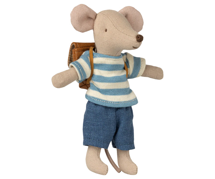 Maileg Big Brother Mouse Brown outfit on doll – Maileg boy mouse wearing brown clothes and carrying bag