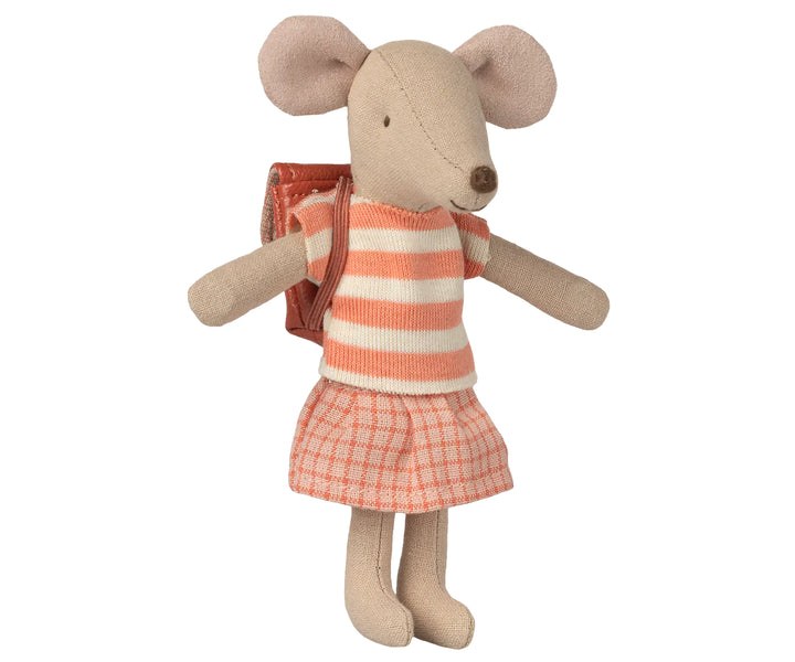 Maileg Big Sister Mouse Coral clothes on doll – Maileg girl mouse wearing coral outfit and bag