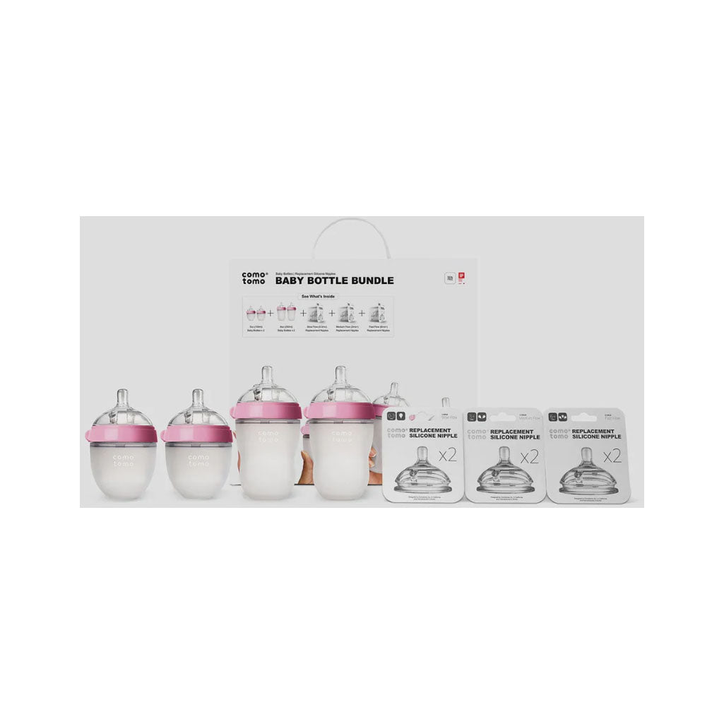 Comotomo pink bottles bundle with soft silicone nipples for infants
