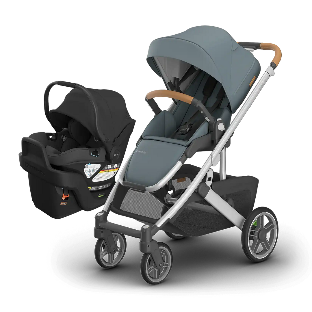 UPPAbaby Cruz V3 Callum with Aria V2 Jake — stone blue stroller with black lightweight infant car seat bundle