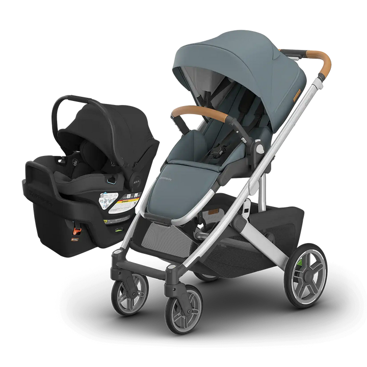UPPAbaby Cruz V3 Callum with Aria V2 Jake — stone blue stroller with black lightweight infant car seat bundle