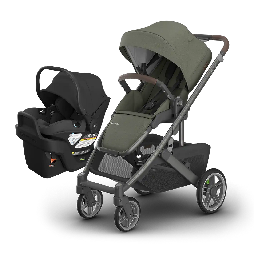 UPPAbaby Cruz V3 Evelyn with Aria V2 Jake — meadow green stroller with black infant car seat travel system