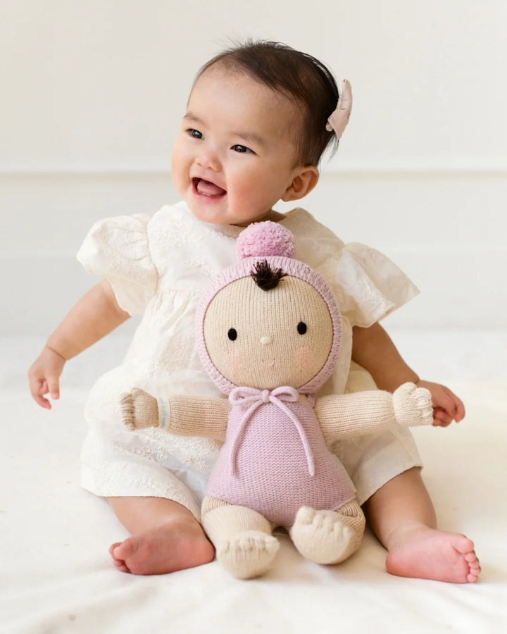 Hand-knit baby doll: Cuddle + Kind My First Baby Lavender, a 14-inch natural cotton first doll from newborn