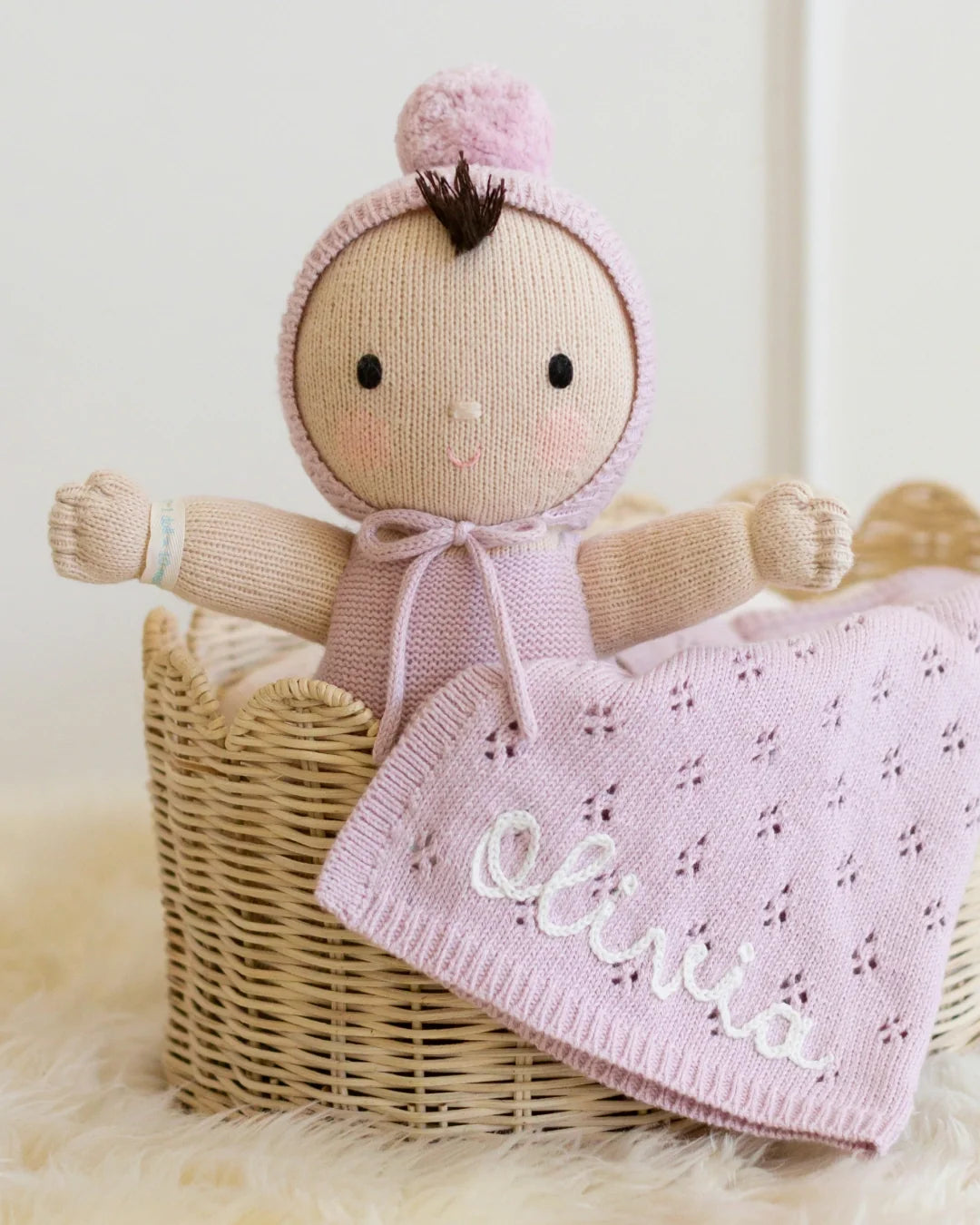 14-inch hand-knit first doll, Cuddle + Kind My First Baby in Lavender, a keepsake baby gift